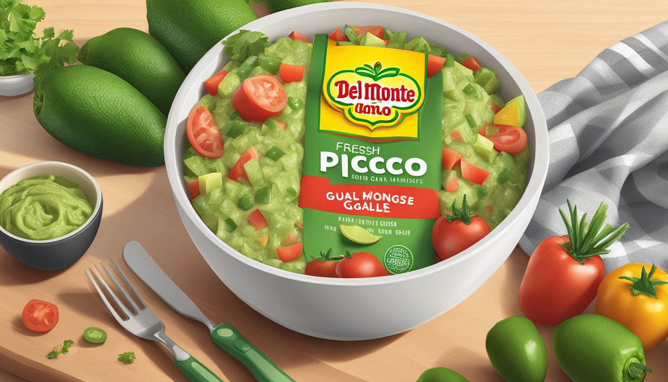 A bowl of Del Monte Fresh Guac Pico de Gallo sits on a kitchen counter, surrounded by fresh produce. The packaging is open, revealing the contents inside