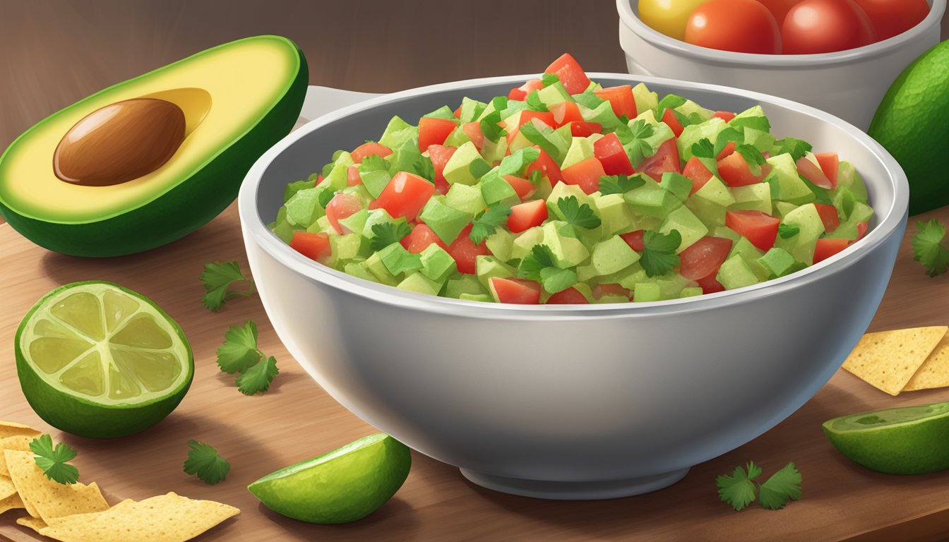 A bowl of Del Monte Fresh Guac Pico de Gallo sits on a table with tortilla chips and a serving spoon nearby