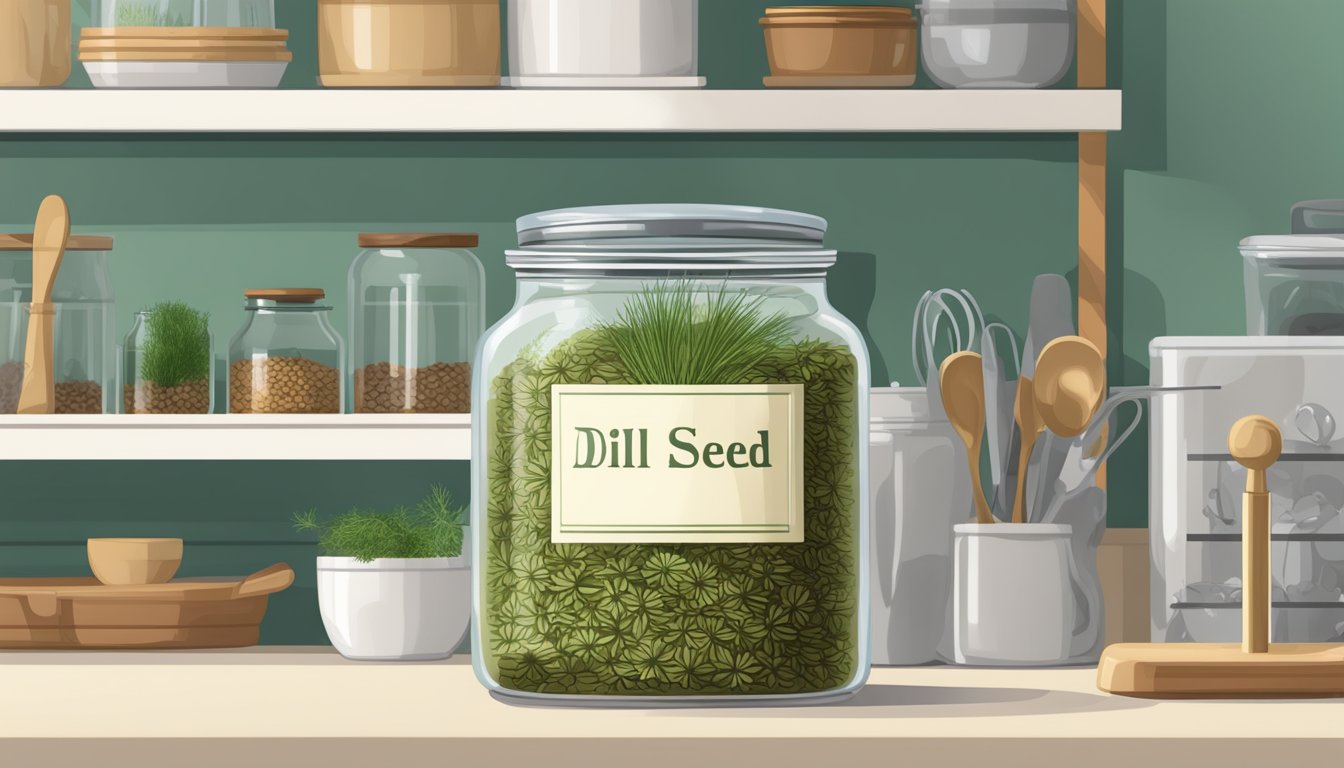 A glass jar filled with dill seeds, labeled with a date, sitting on a kitchen shelf