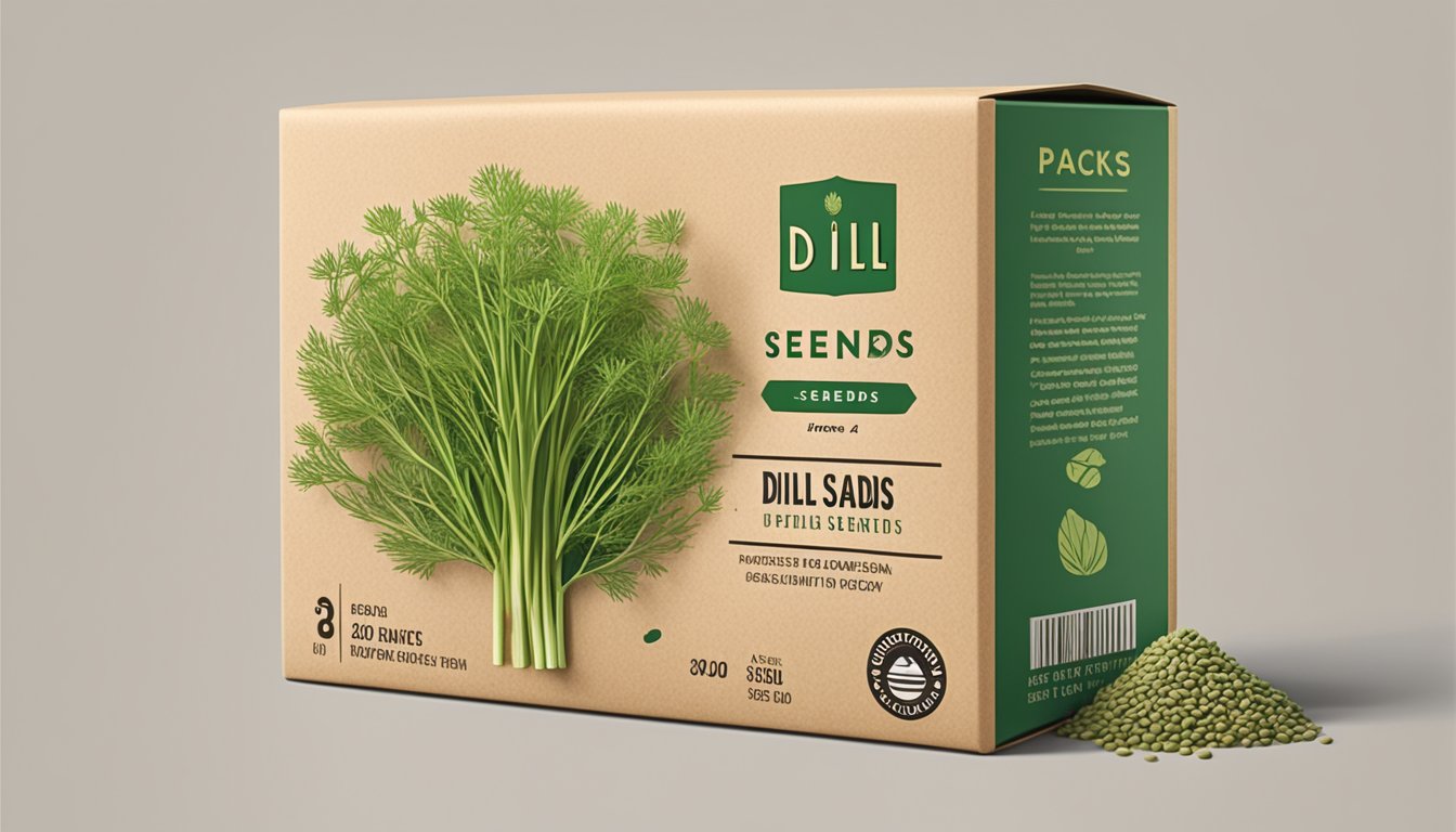 A packet of dill seeds sits on a wooden shelf next to other seed packets. The packaging is slightly worn, indicating it has been stored for some time