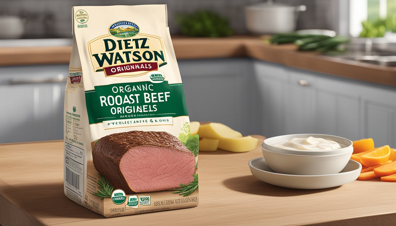 A package of Dietz & Watson Originals Organic Roast Beef sits unopened on a clean, well-lit kitchen counter