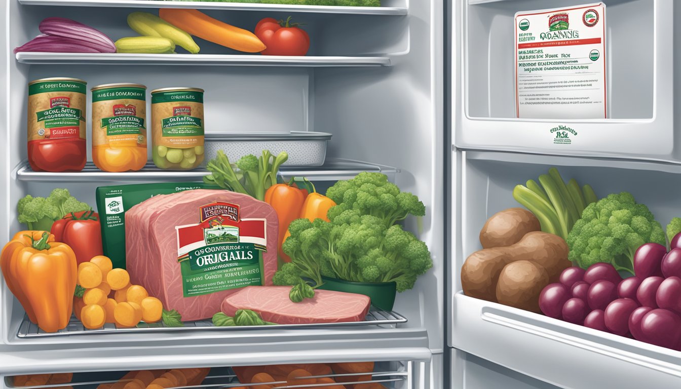 A sealed package of Dietz & Watson Originals Organic Roast Beef sits in a refrigerator, surrounded by fresh vegetables and a thermometer displaying a safe temperature