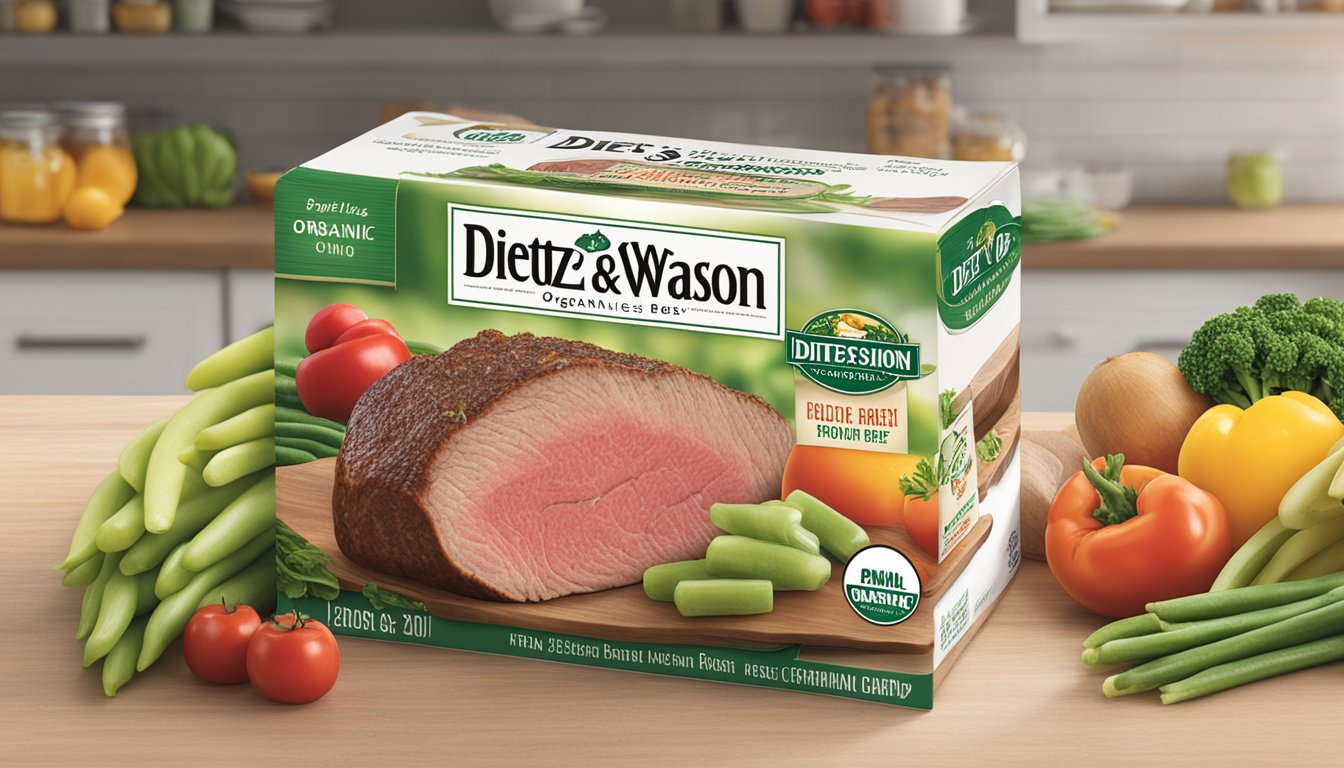 A package of Dietz & Watson Originals Organic Roast Beef sits in a refrigerator next to fresh vegetables and fruits, with a label indicating the expiration date