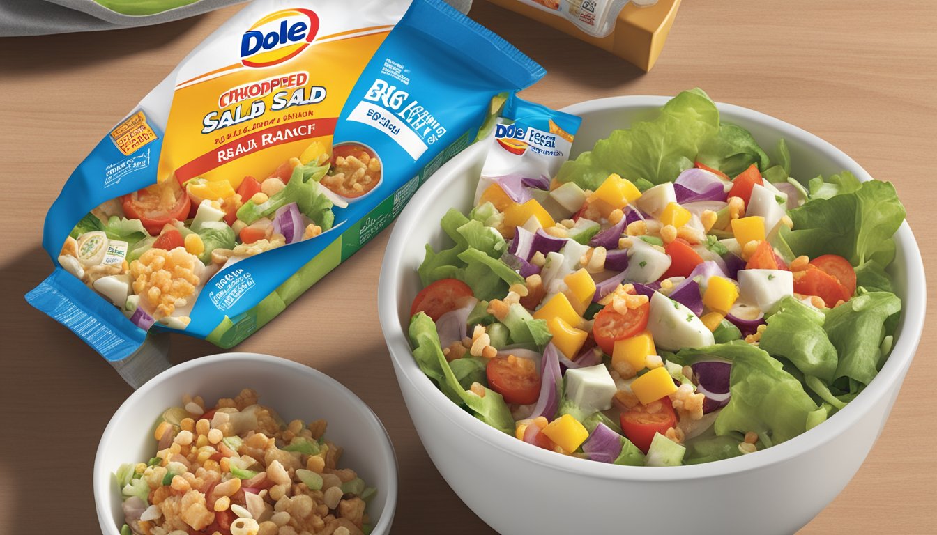 A Dole Chopped BBQ Ranch Salad Kit sits on a shelf, surrounded by other products. The packaging is colorful and eye-catching, with a clear expiration date displayed