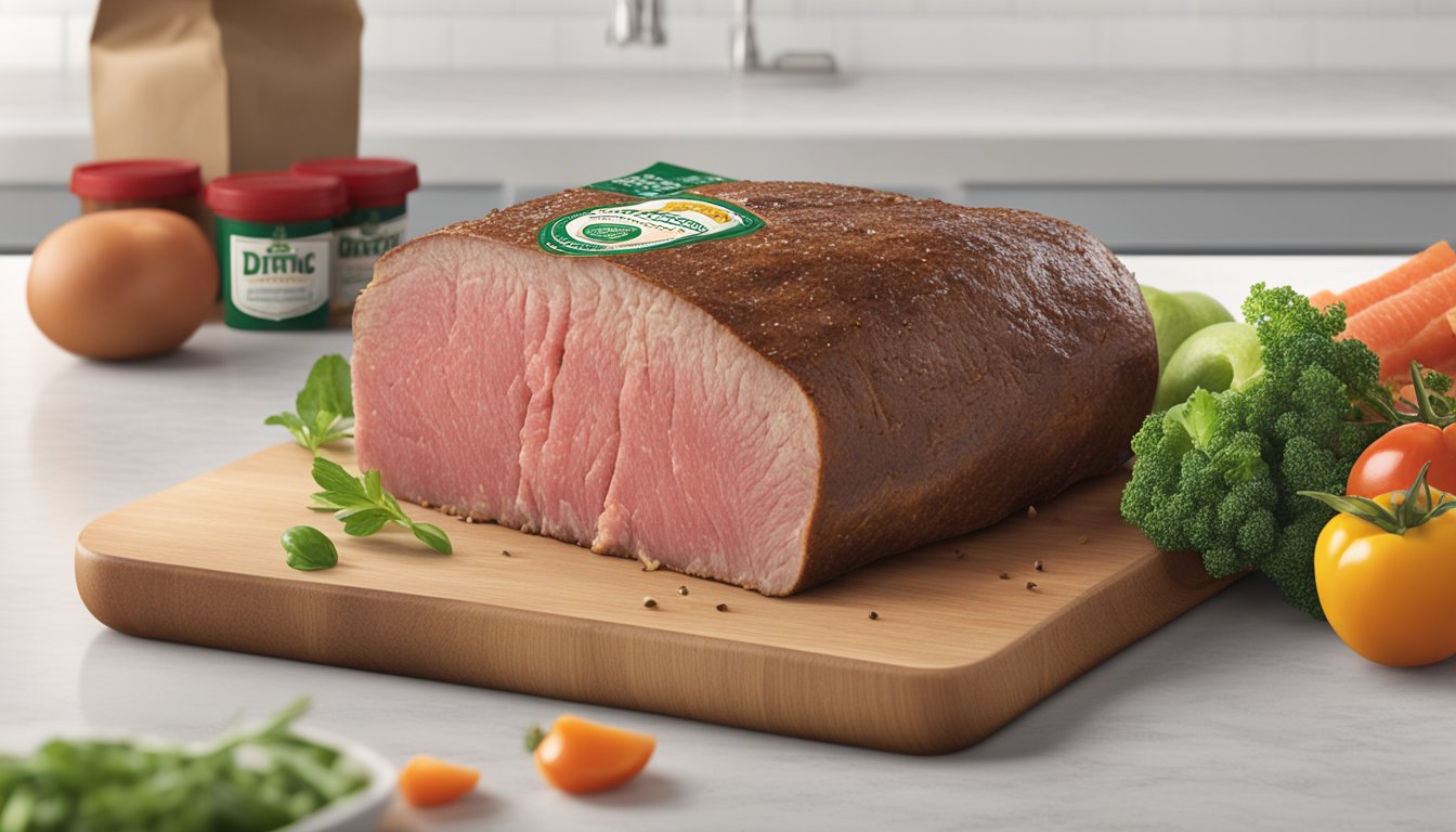 A package of Dietz & Watson Originals Organic Roast Beef sits on a clean, white countertop, surrounded by fresh ingredients and a labeled expiration date