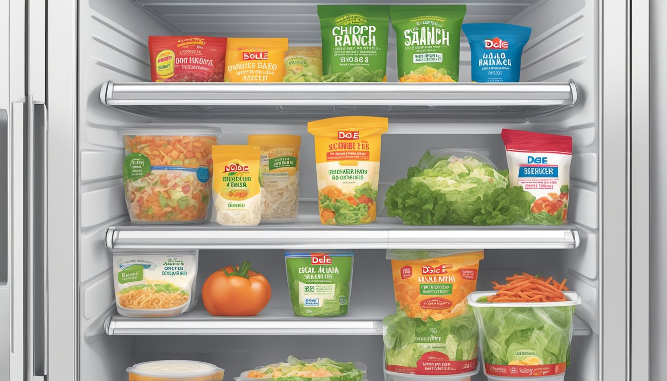 A refrigerator shelf filled with various salad kits, including the Dole Chopped BBQ Ranch Salad Kit, with a clear expiration date label