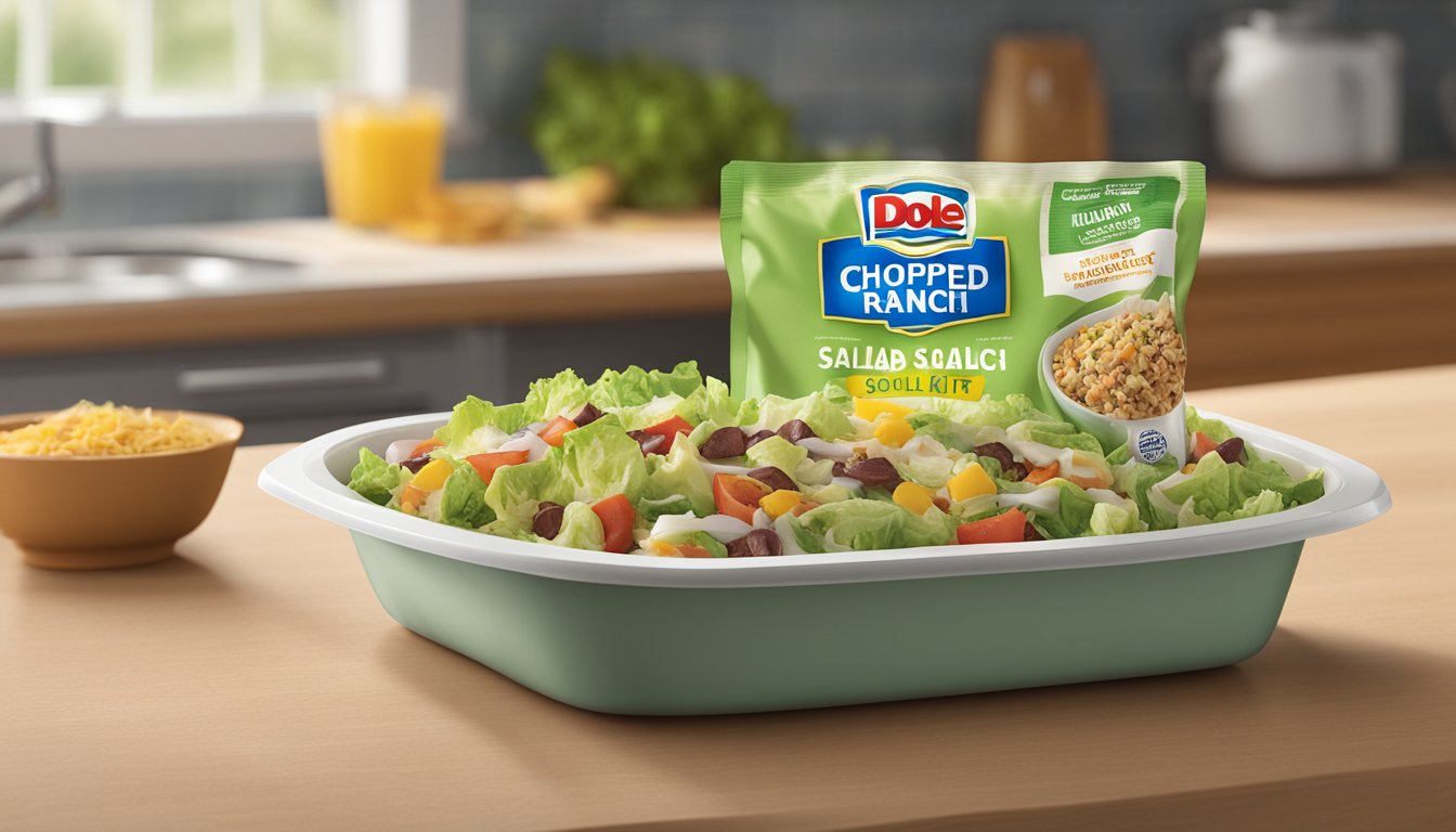 A Dole Chopped BBQ Ranch Salad Kit sits on a kitchen counter, its packaging slightly wrinkled. The lettuce and toppings appear wilted and discolored, indicating spoilage