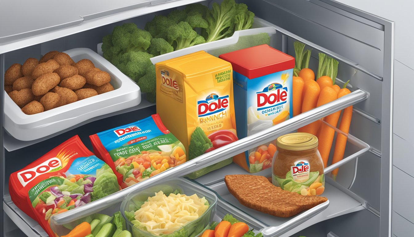 A Dole Chopped BBQ Ranch Salad Kit sits unopened on a refrigerator shelf, surrounded by fresh vegetables and other food items