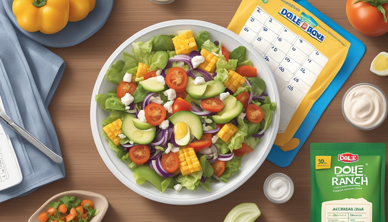 A Dole Chopped BBQ Ranch Salad Kit sits on a kitchen counter, surrounded by fresh vegetables and a calendar showing the current date