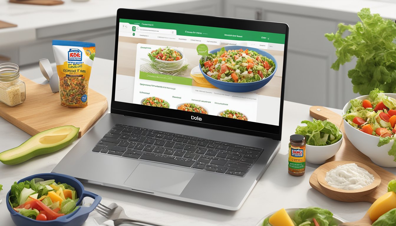 A colorful Dole Chopped BBQ Ranch Salad Kit sits on a kitchen counter next to a laptop displaying a website integration for salad kits