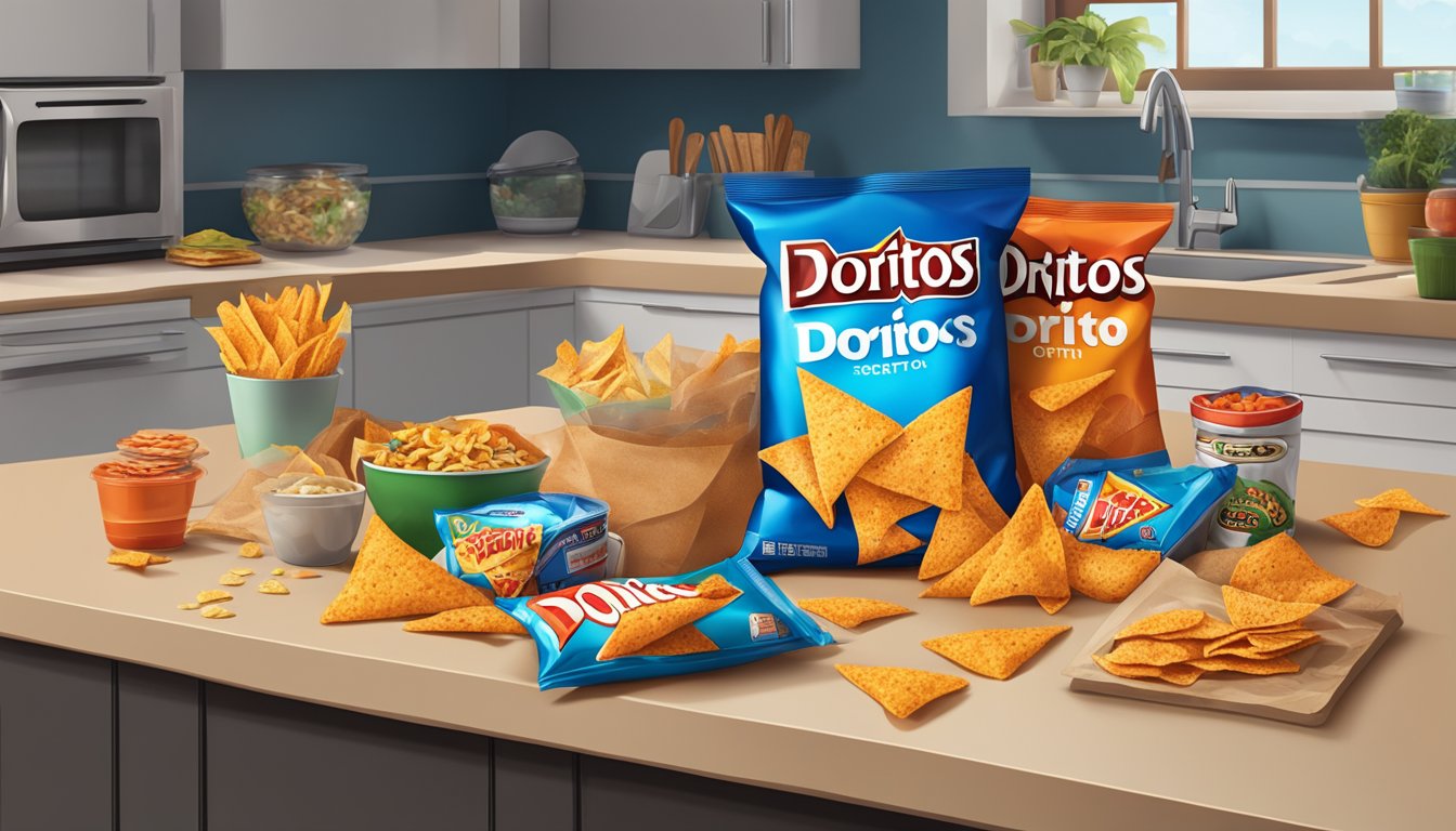 A bag of Doritos sits on a kitchen counter, surrounded by various snack items. The bag is partially open, with chips spilling out onto the counter