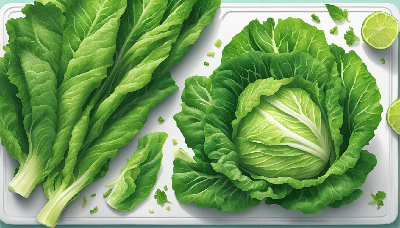 A fresh head of Dole Chopped Romaine lettuce sits on a clean, white cutting board, surrounded by vibrant green leaves and a few loose pieces