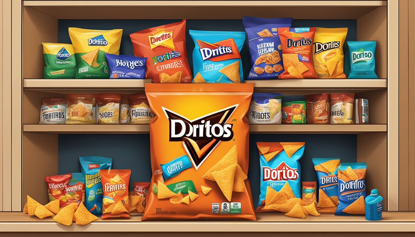 A bag of Doritos sits unopened on a clean, organized pantry shelf, surrounded by other snacks and food items