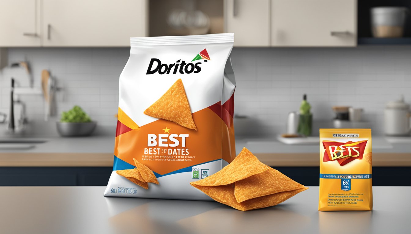 A bag of Doritos sits unopened on a clean kitchen counter, with a "best by" date clearly visible on the packaging