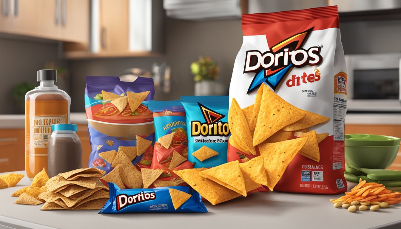 A bag of Doritos sits on a kitchen counter, surrounded by other snacks and food items. The bag is unopened and appears to be in good condition