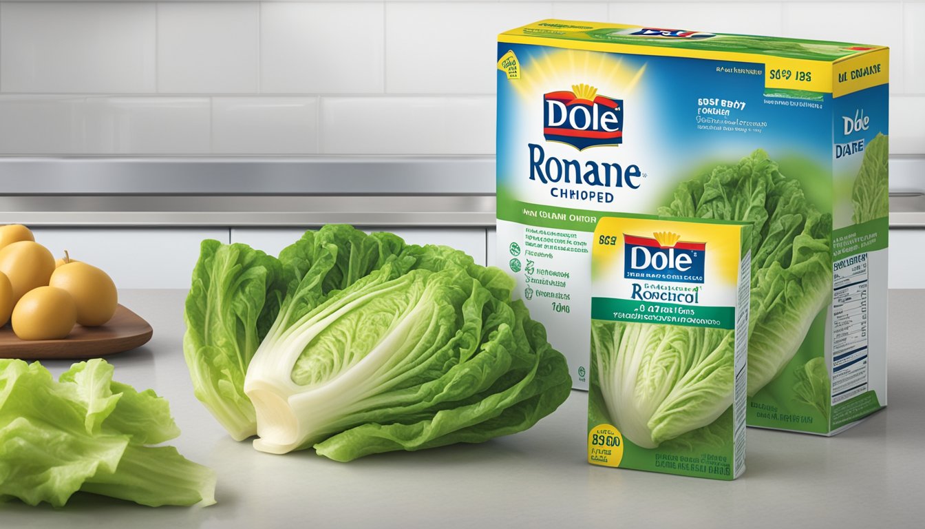 A package of Dole Chopped Romaine sits on a kitchen counter with a clear "use by" date. A quality control stamp is visible on the packaging