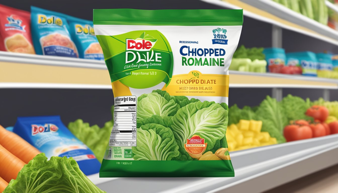 A bag of Dole Chopped Romaine sits on a grocery store shelf, surrounded by other produce. The packaging is labeled with the expiration date