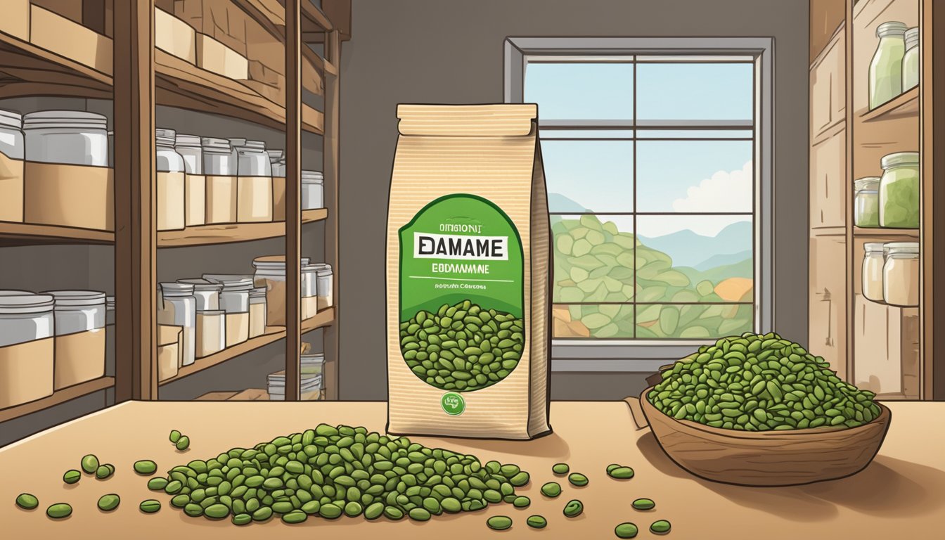 A bag of dried edamame sits on a pantry shelf, surrounded by other dry goods. The packaging is labeled with the expiration date