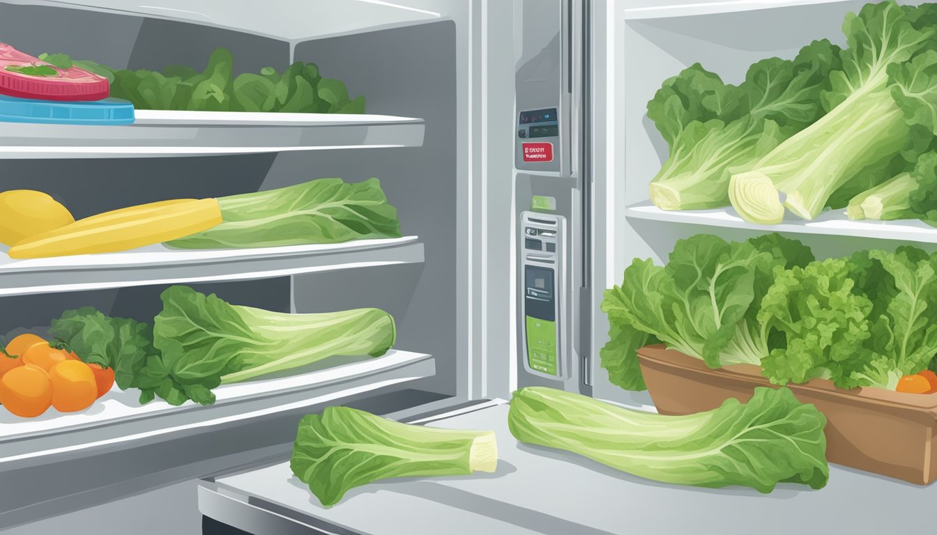 A bag of Dole Chopped Romaine wilting in a refrigerator, surrounded by other forgotten produce