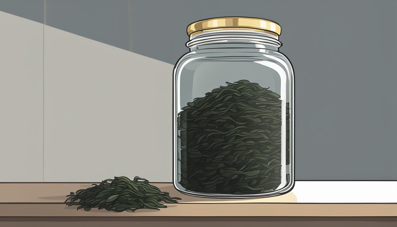 A glass jar filled with dried arame seaweed, sealed tightly, placed in a cool, dry pantry