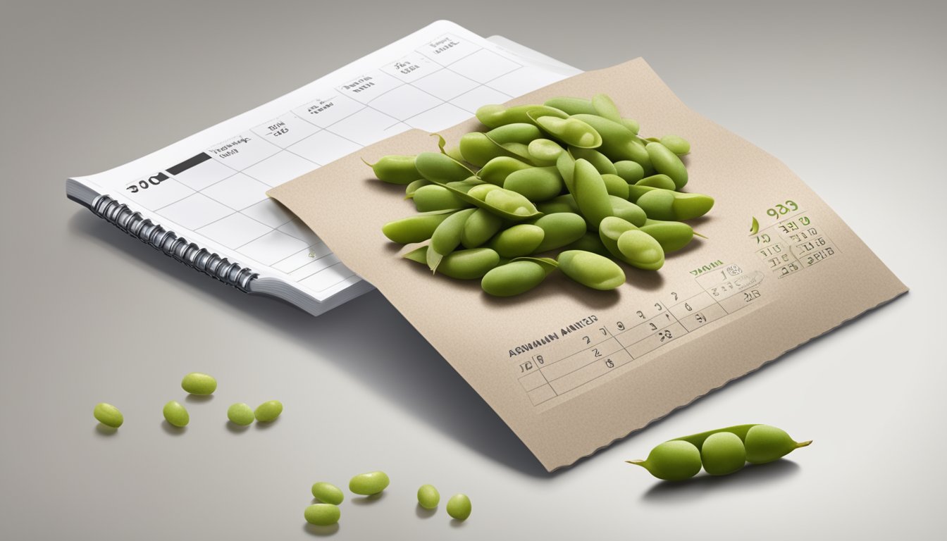 A clear package of dried edamame next to a calendar, with a focus on the expiration date