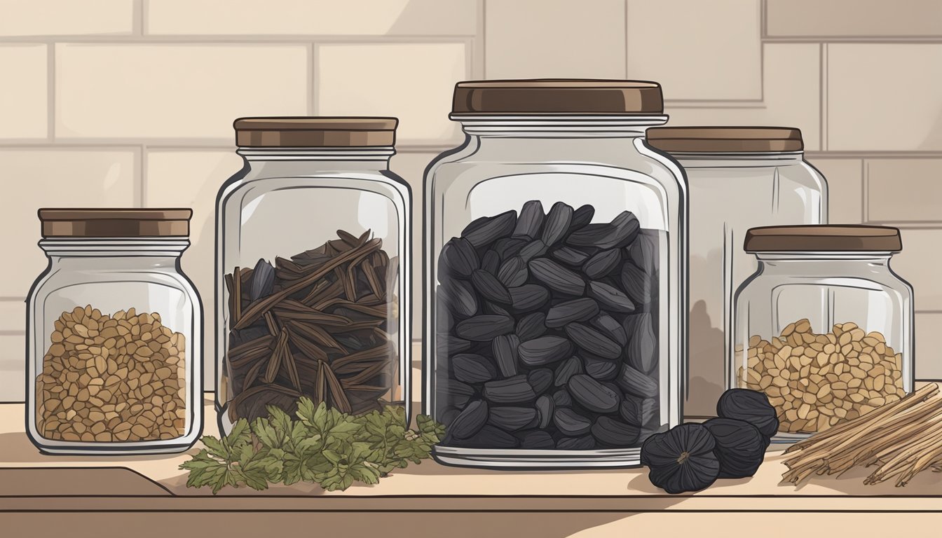 A glass jar of dried arame sits on a kitchen shelf, surrounded by other dried goods. The arame is still sealed and looks dry and intact