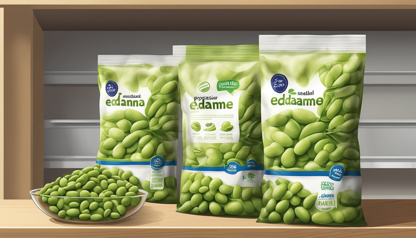 A sealed package of dried edamame sits on a pantry shelf, with a clear expiration date visible