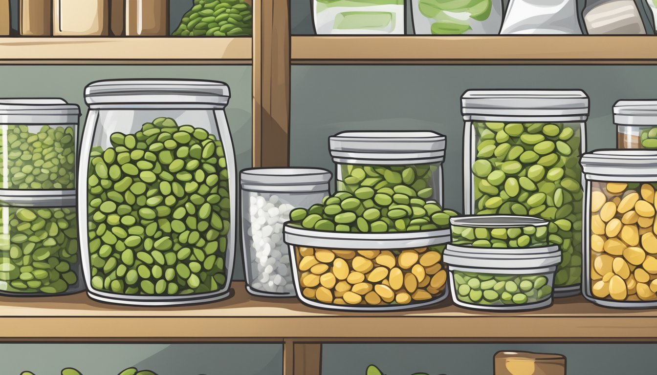 A clear, airtight container of dried edamame sits on a shelf, surrounded by other pantry items. The edamame is whole and intact, with no signs of spoilage