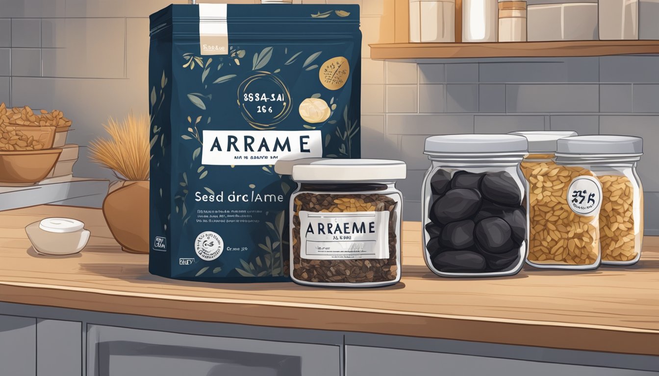 A sealed package of dried arame sits on a kitchen shelf, surrounded by other dried goods. The expiration date is visible on the packaging