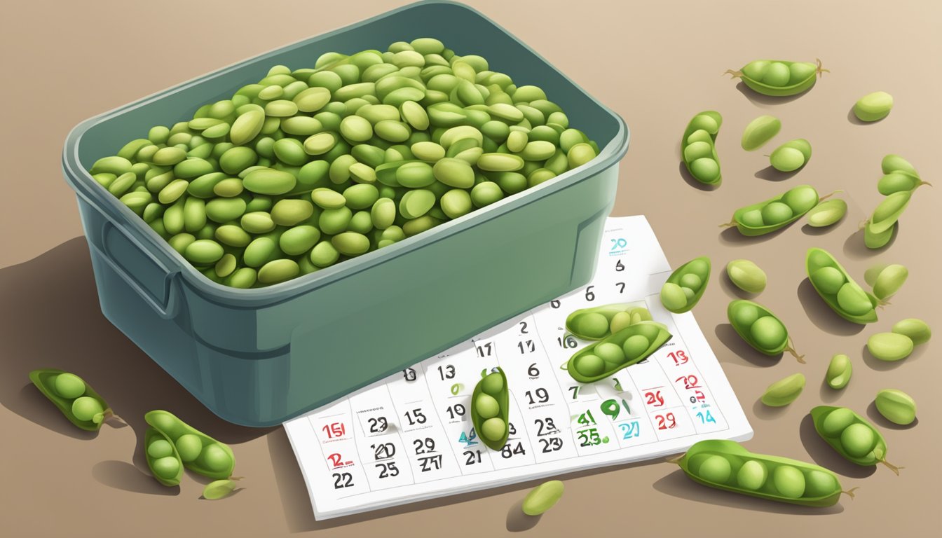 A pile of dried edamame in a sealed container, with a calendar showing the date of purchase and a visible expiration date