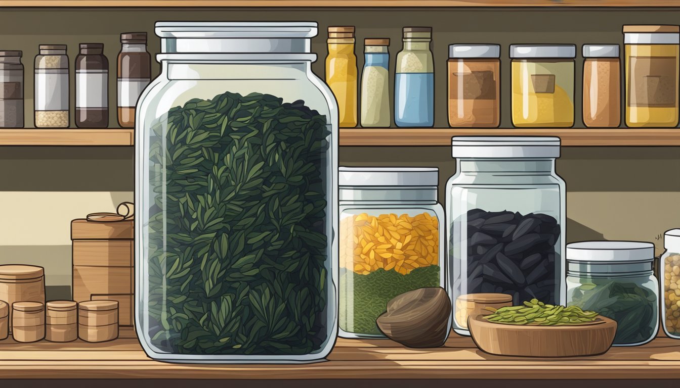 A glass jar filled with dried arame seaweed on a kitchen shelf, surrounded by other pantry items