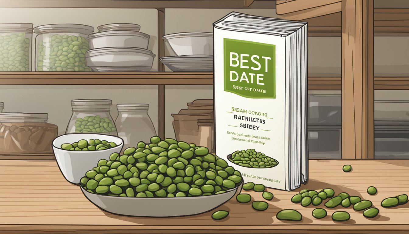 A bag of dried edamame sits on a pantry shelf, with a best-by date clearly visible. An open cookbook lies nearby, depicting various cooking techniques