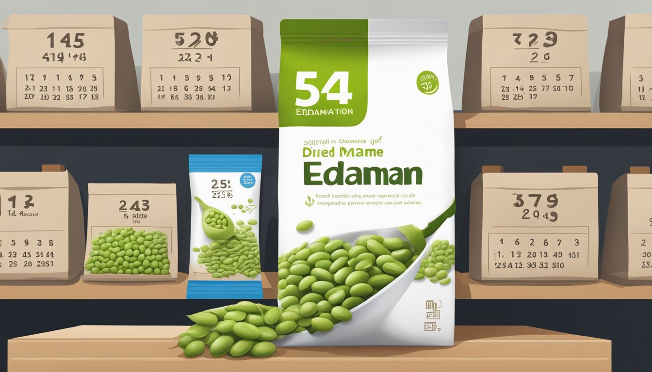 A sealed package of dried edamame sits on a shelf next to a calendar, with a date marked for expiration