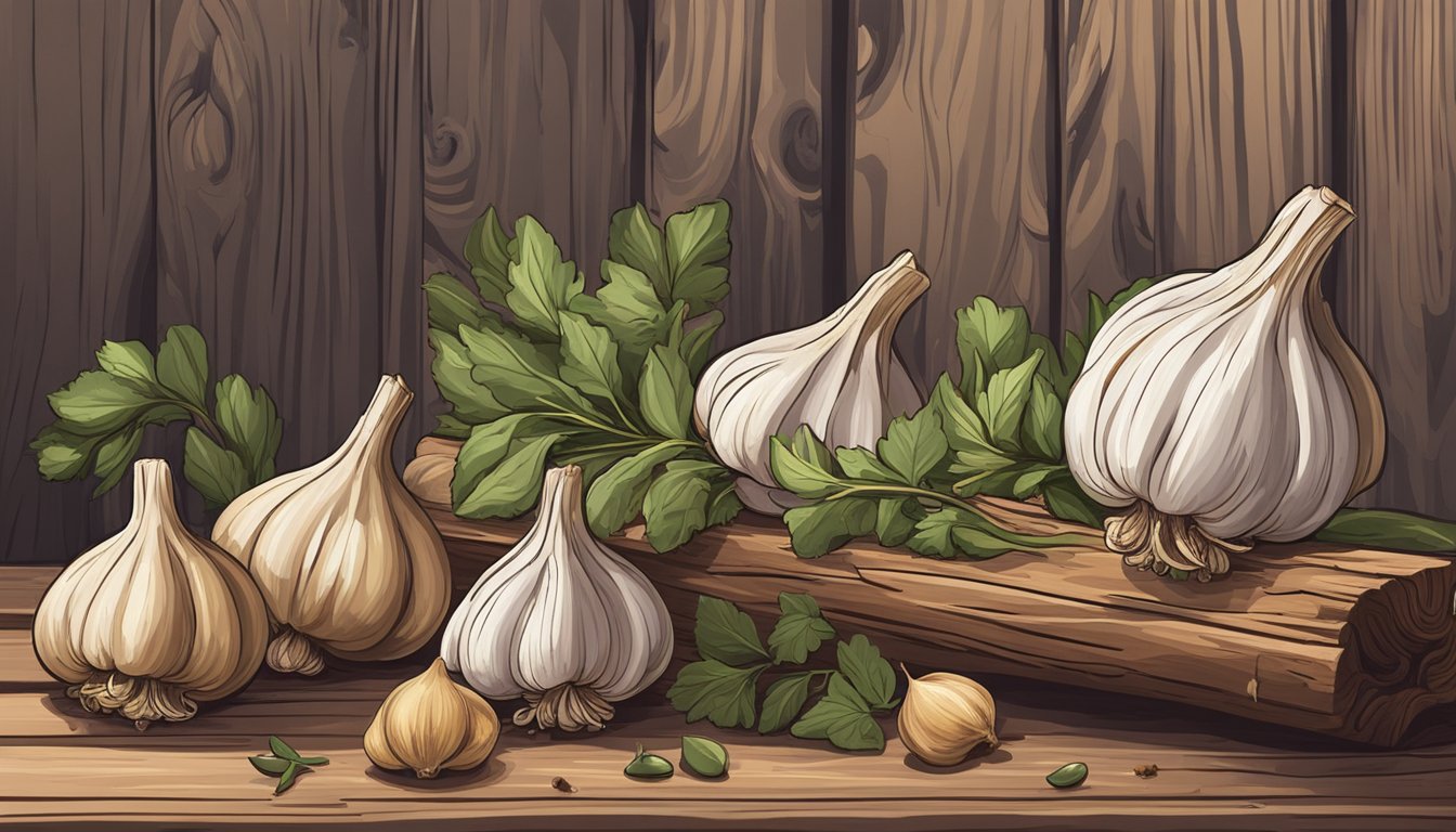 A bundle of dried garlic bulbs hangs from a rustic wooden beam, surrounded by bundles of herbs and spices. A few loose cloves sit on a nearby table