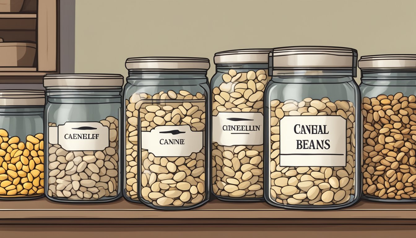 A glass jar filled with dried cannellini beans on a kitchen shelf, with a label indicating the date of purchase