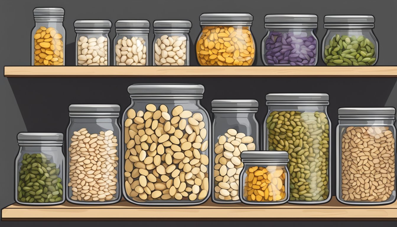 A clear glass jar filled with dried cannellini beans, sealed with a lid, sitting on a shelf alongside other pantry items