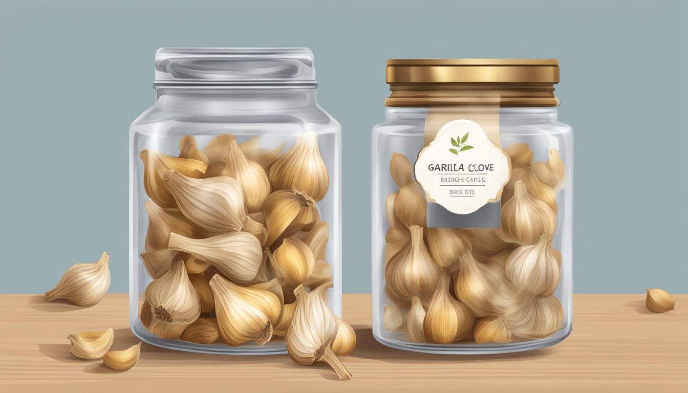 A glass jar filled with dried garlic cloves, sealed with a lid. A small label indicates the date of preparation