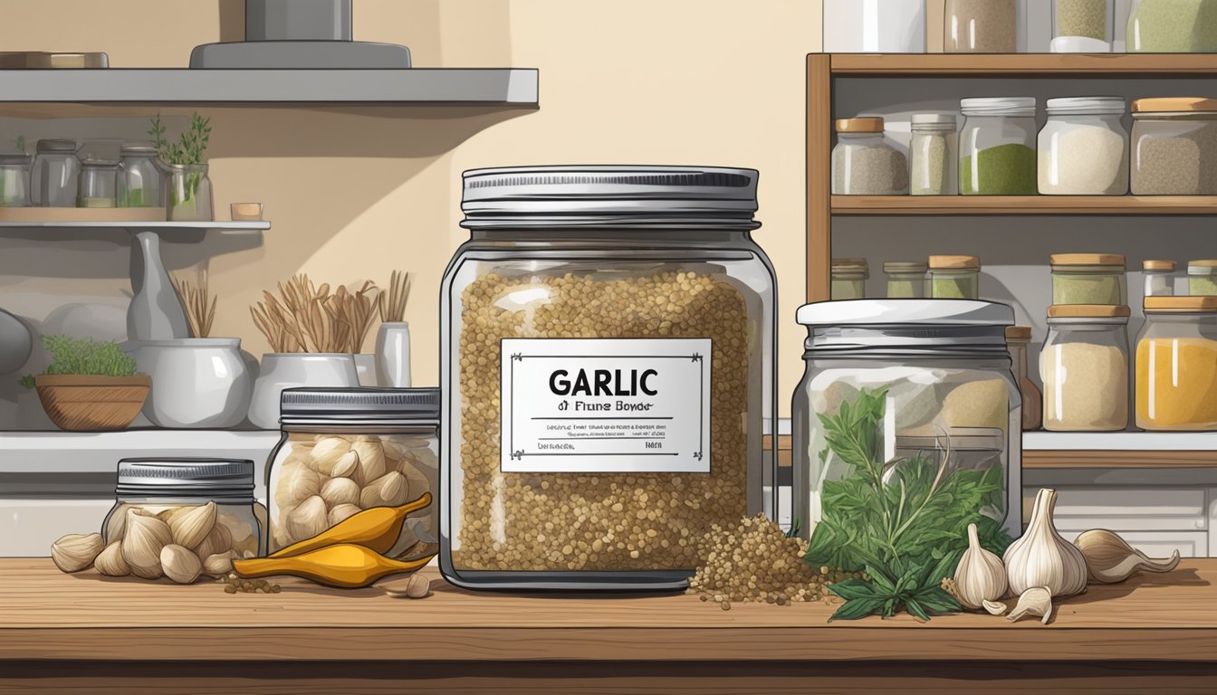 A jar of dried garlic sits on a kitchen shelf, surrounded by other spices and herbs. The label shows an expiration date several years in the future