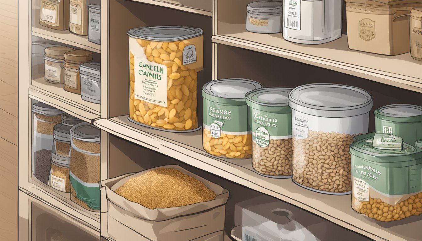 A bag of dried cannellini beans sits on a kitchen shelf, surrounded by other pantry staples. The beans are in a clear, airtight container, with a label indicating the purchase date