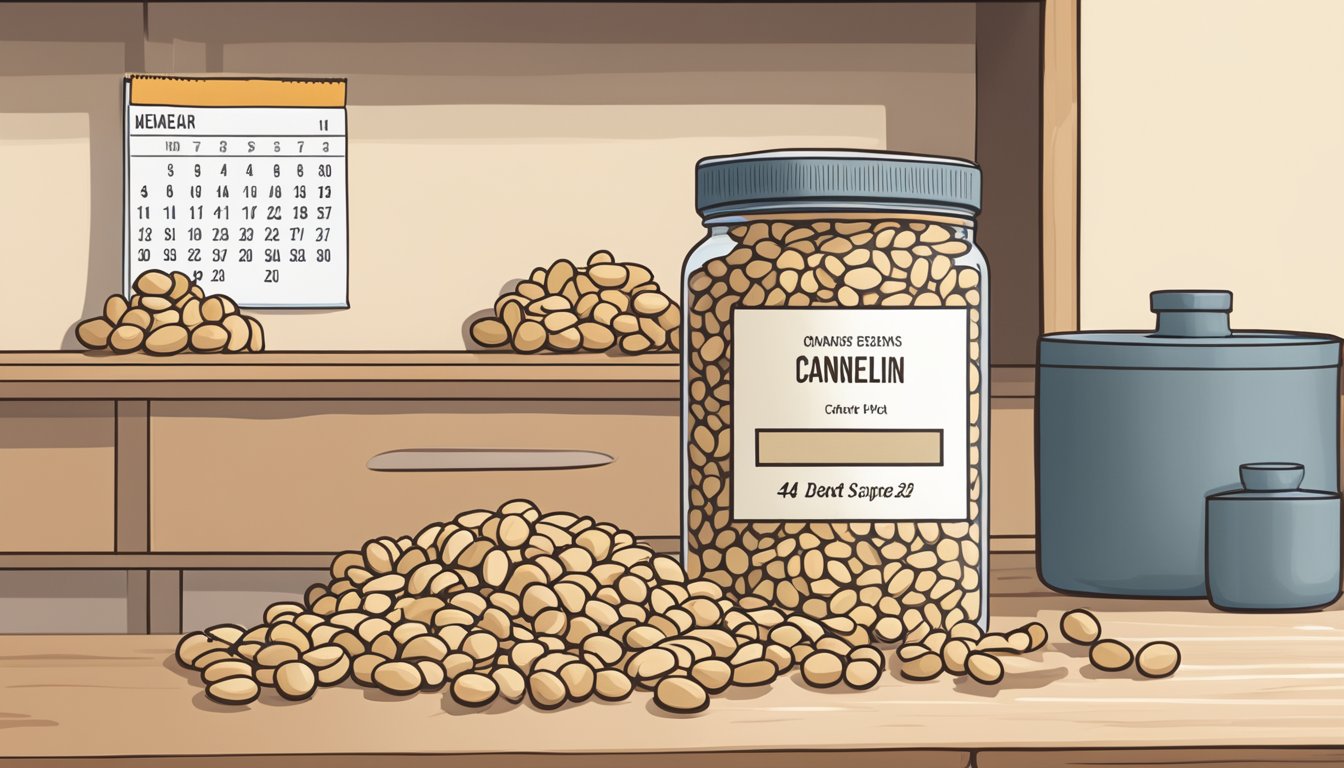 A jar of dried cannellini beans sits on a shelf, next to a calendar showing the current date and the date they were purchased. A few beans are scattered on the counter