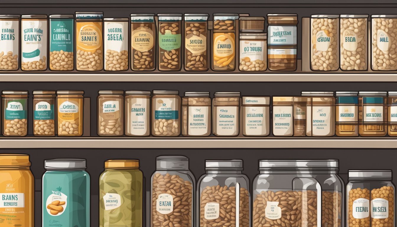 A pantry shelf with rows of canned and dried cannellini beans, some with expiration dates, others in clear jars