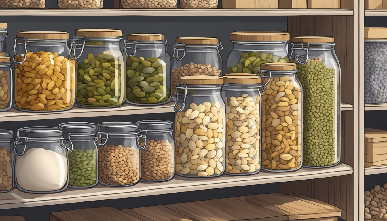 A glass jar filled with dried cannellini beans on a kitchen shelf, surrounded by other pantry items