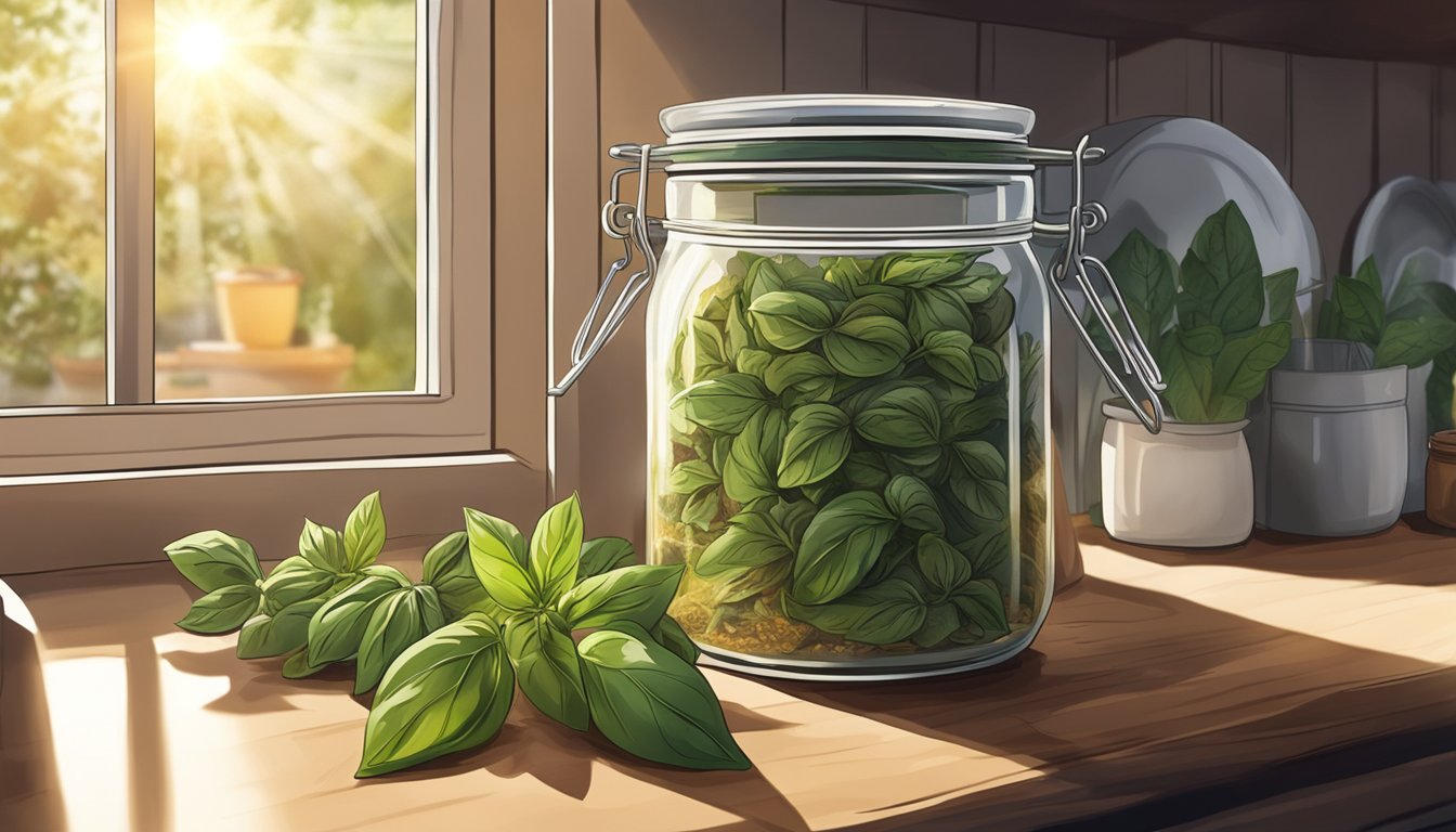 A jar of dried basil sits on a kitchen shelf, surrounded by other spices. Sunlight streams in, casting a warm glow on the jar