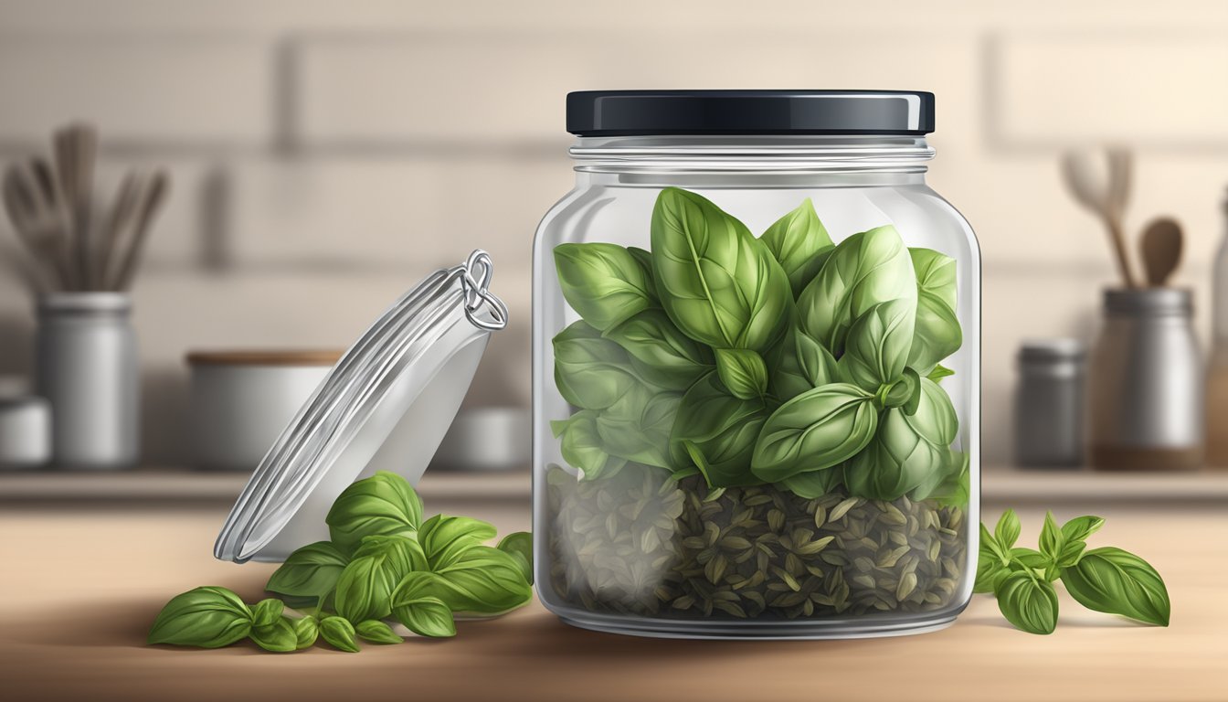 A glass jar filled with dried basil leaves, sealed with a lid, placed on a shelf in a pantry