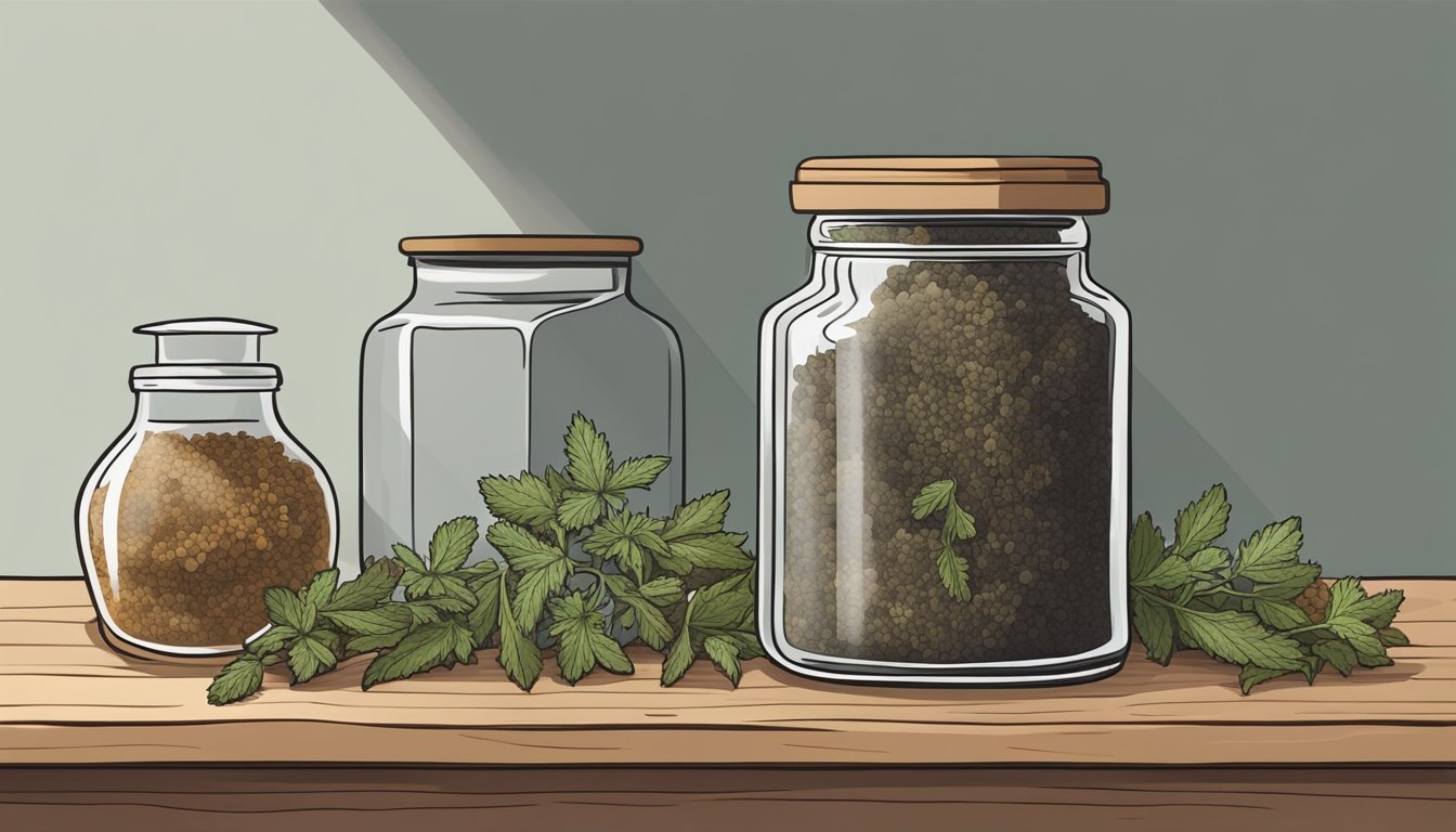 A glass jar filled with dried horehound sits on a wooden shelf, surrounded by other herbs and spices. The horehound is slightly crumbled and has a dark, earthy color