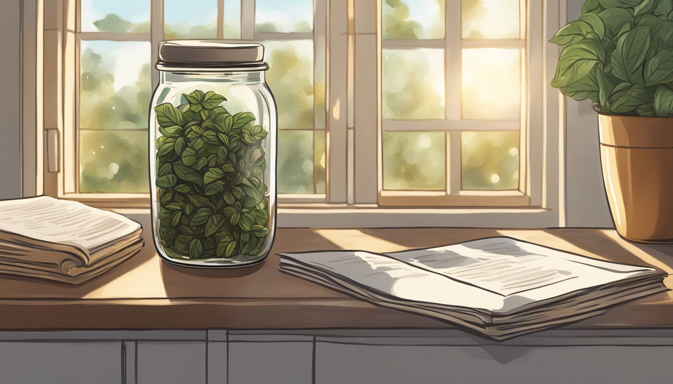 A jar of dried basil sits on a kitchen counter, next to a cookbook open to a recipe. Sunlight streams through the window, casting a warm glow on the scene