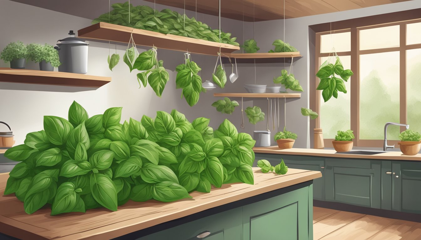 Fresh basil leaves hanging to dry in a rustic kitchen, contrasted with neatly packaged store-bought basil on a shelf