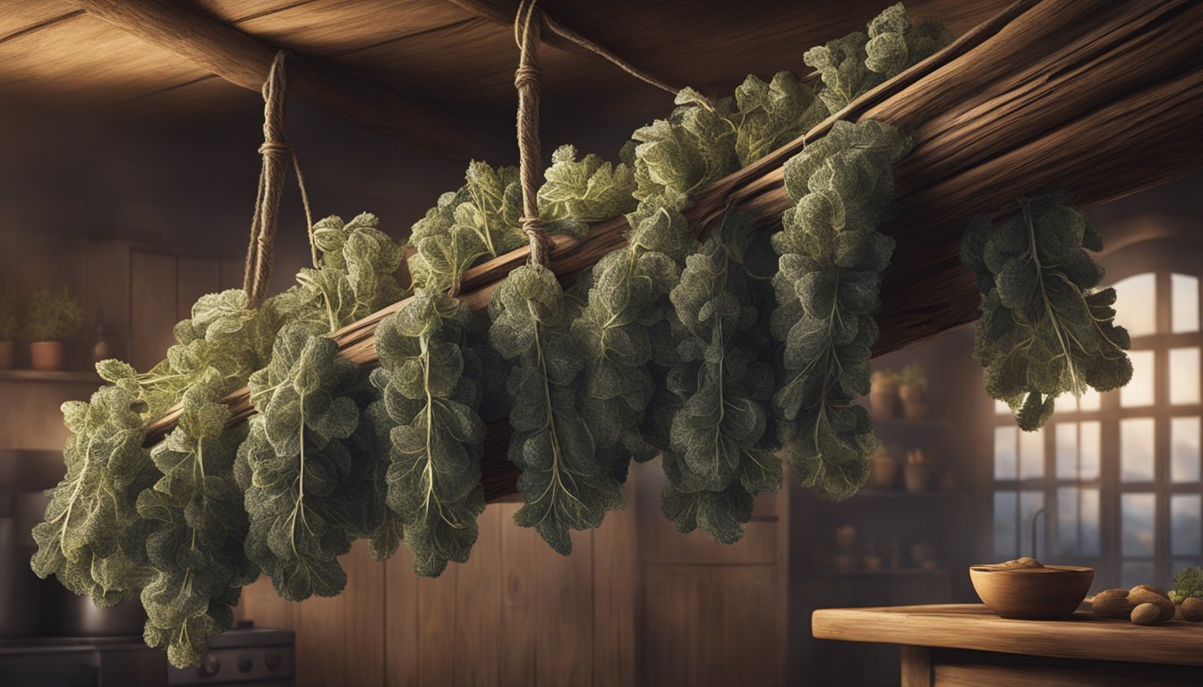 A bundle of dried horehound hanging from a wooden beam in a dimly lit, rustic kitchen