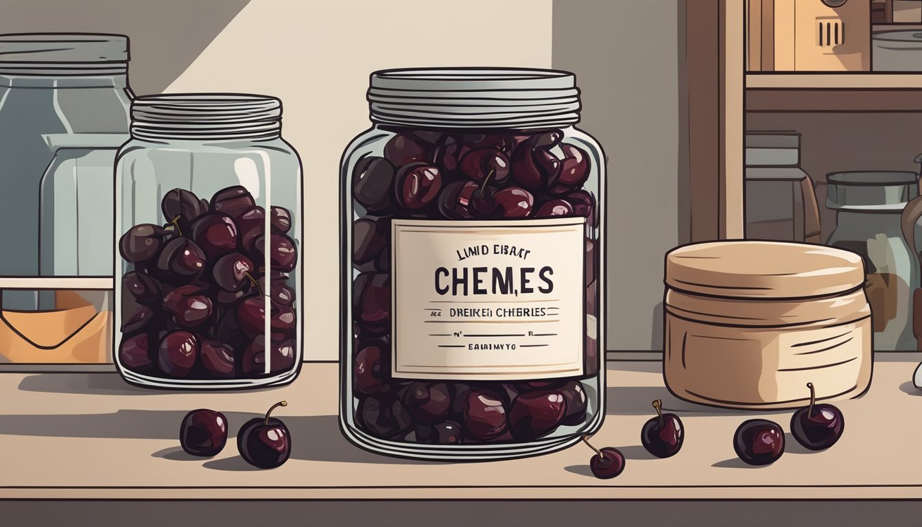 A jar of dried cherries sits on a kitchen counter, surrounded by other pantry items. The cherries are plump and dark red, with a slightly wrinkled texture