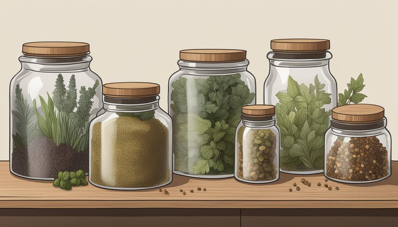 A glass jar filled with dried horehound sits on a wooden shelf, surrounded by various other jars of herbs and spices. The label on the jar reads "Horehound - Dried."